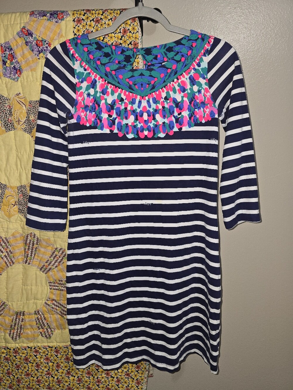 Lilly Pulitzer Navy & White Striped Midi Dress with Pink & Teal Embroidered Yoke